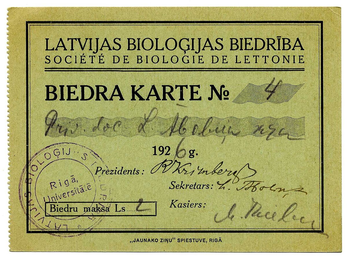 L. Āboliņa Latvijas Bioloģijas biedrības biedra karte. LUM krājums.