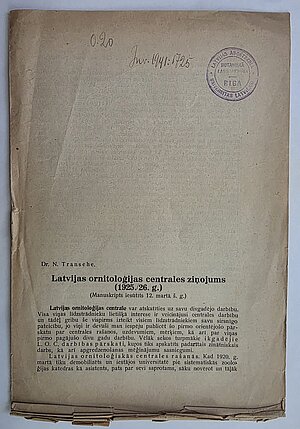 N. Tranzē "Latvijas ornitoloģijas centrāles ziņojums", 1926. gads.
