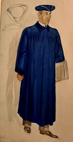 Latvijas Universitātes amatpersonu mantijas sākotnējā skice, 1938. Foto: LNA-LVVA, 7427-6-215, 151