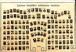 Zemes bagātību pētīšanas institūta kolektīvs 1944. gadā. Otto Birzgaļa foto un salikums. Kolāžas fotogrāfija, stikla fotoplate. LU Muzeja krājums: GEO10319