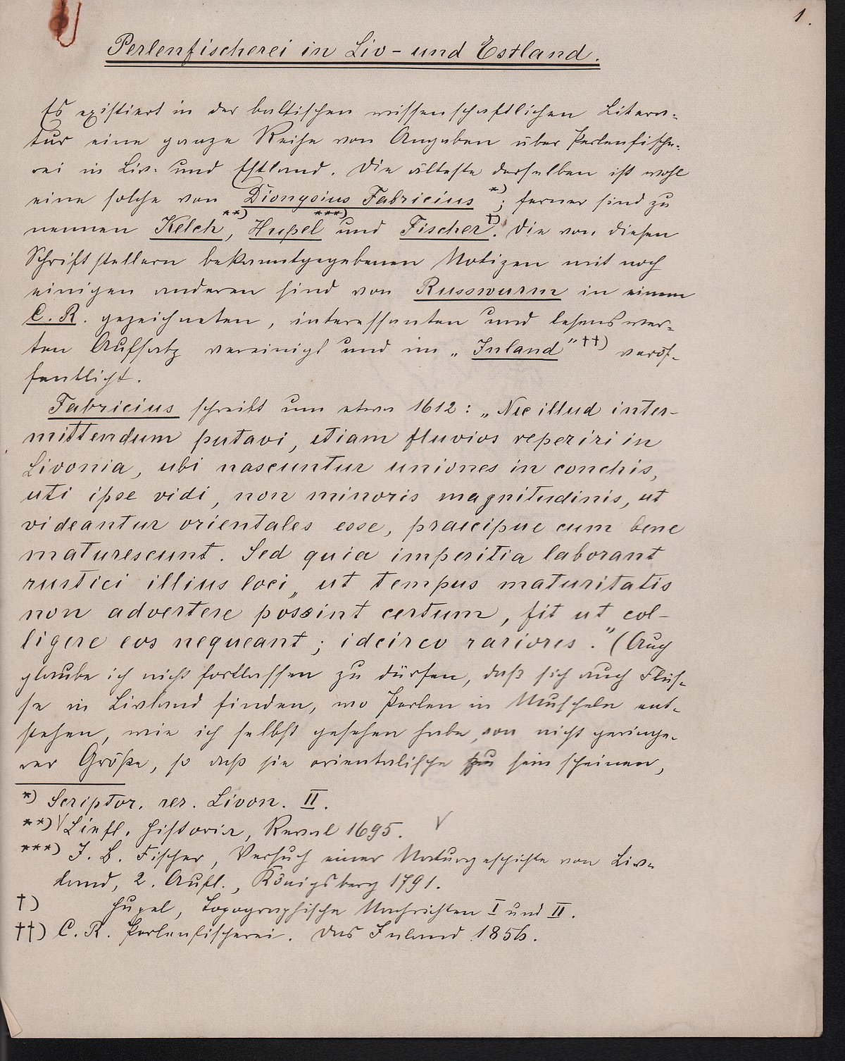 Prof. A. Mēdera manuskripta pirmā lapa. Pamata teksts rakstīts gotu burtiem, lapas vidusdaļā (Fabricija hronikas citāts) latīņu burtiem.
