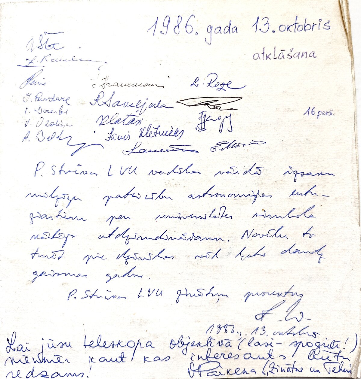 Pirmā lapa no 1986. gada novērojumu sezonas atsauksmju žurnāla. Foto: Gunta Vilka Pirmā lapa no 1986. gada novērojumu sezonas atsauksmju žurnāla. Foto: Gunta Vilka