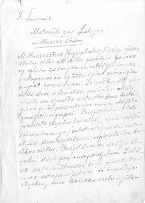 Manuskripta "Materiāli par Latvijas miltrasas sēnēm" (1956. gads) 1. lapa. BOT16880