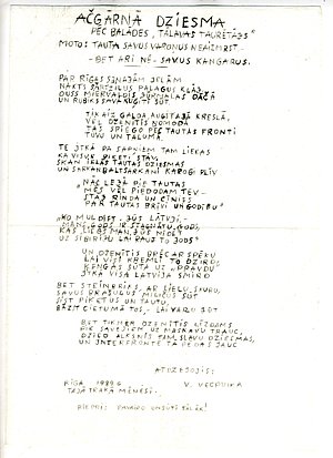 Dzejoļa “Tālavas taurētājs” parodijas “Ačgārnā dziesma” ievads. Dzejoli Latvijas Universitātes Latvijas Tautas frontes nodaļai to iesūtījis autors ar pseidonīmu V. Vecpuika. Vēstule no LU Muzeja krājuma. 