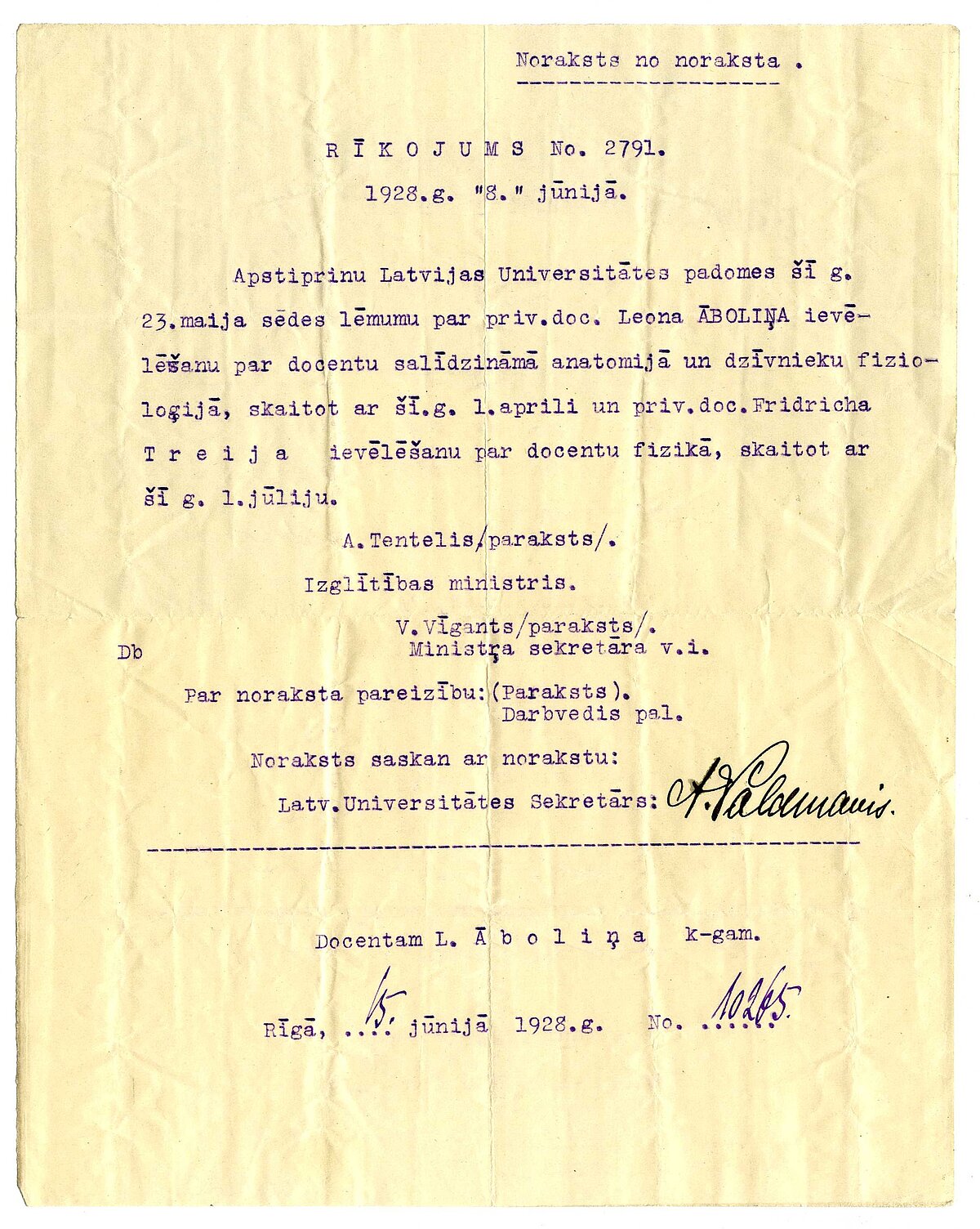 Lēmums par L. Āboliņa iecelšanu par docentu. LUM krājums.