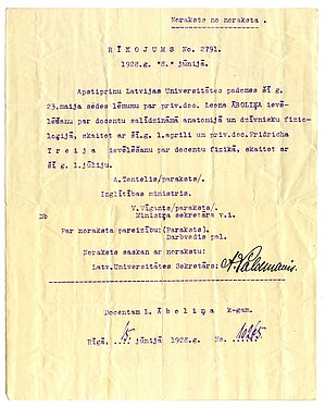 Lēmums par L. Āboliņa iecelšanu par docentu. LUM krājums.