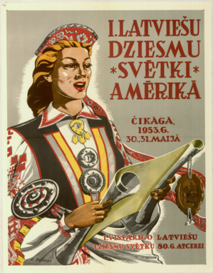 I Vispārējo latviešu dziesmu svētku Čikāgā, ASV plakāts. Mākslinieks Roberts Bērziņš. 1953. gads. LVVA_F293_US1_GV1623