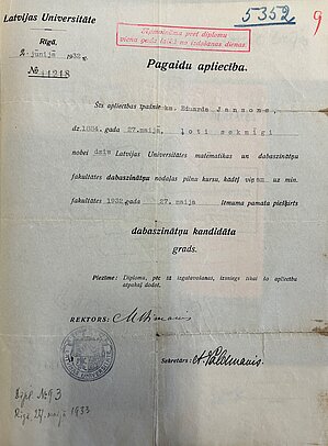 E. Jansona dabaszinātņu kandidāta grāda pagaidu apliecība. 1932. gads. LVVA. 7427.f., 1. apr. 5352. l., 9. lp. 