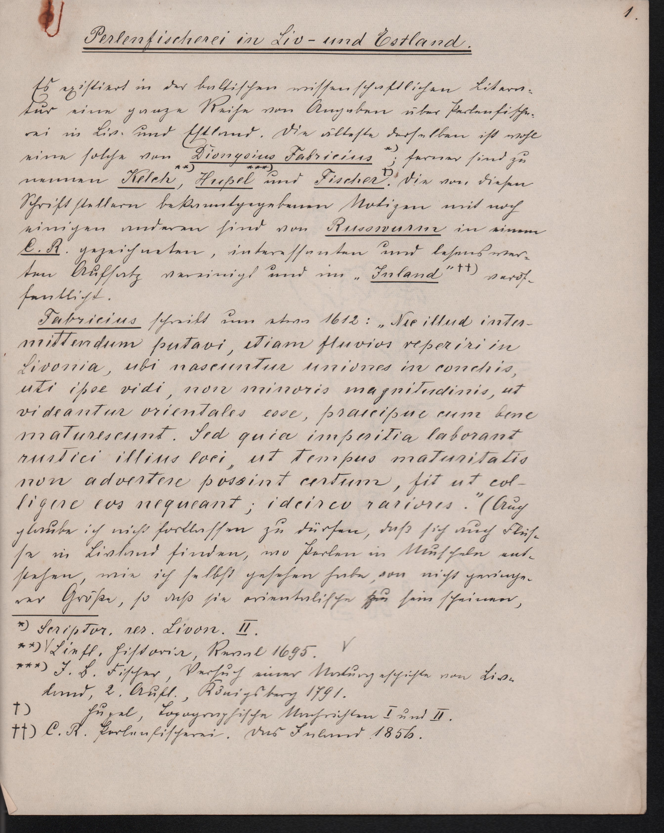 Prof. A. Mēdera manuskripta pirmā lapa. Pamata teksts rakstīts gotu burtiem, lapas vidusdaļā (Fabricija hronikas citāts) latīņu burtiem.