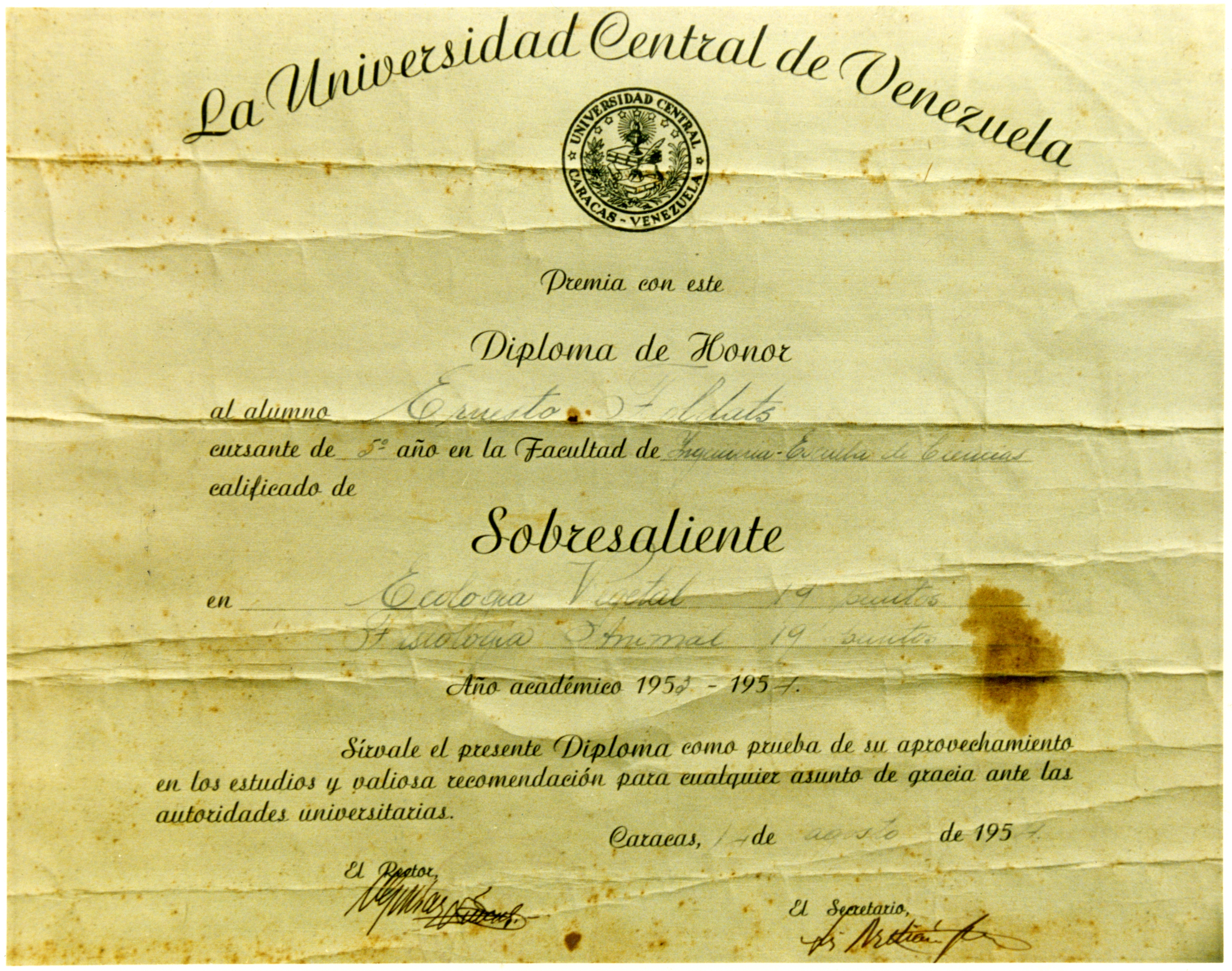 Ernesta Foldāta 1954. gadā iegūtais Venecuēlas Centrālās universitātes absolventa diploms (Ernesta Foldāta albums LU Muzeja arhīvā)