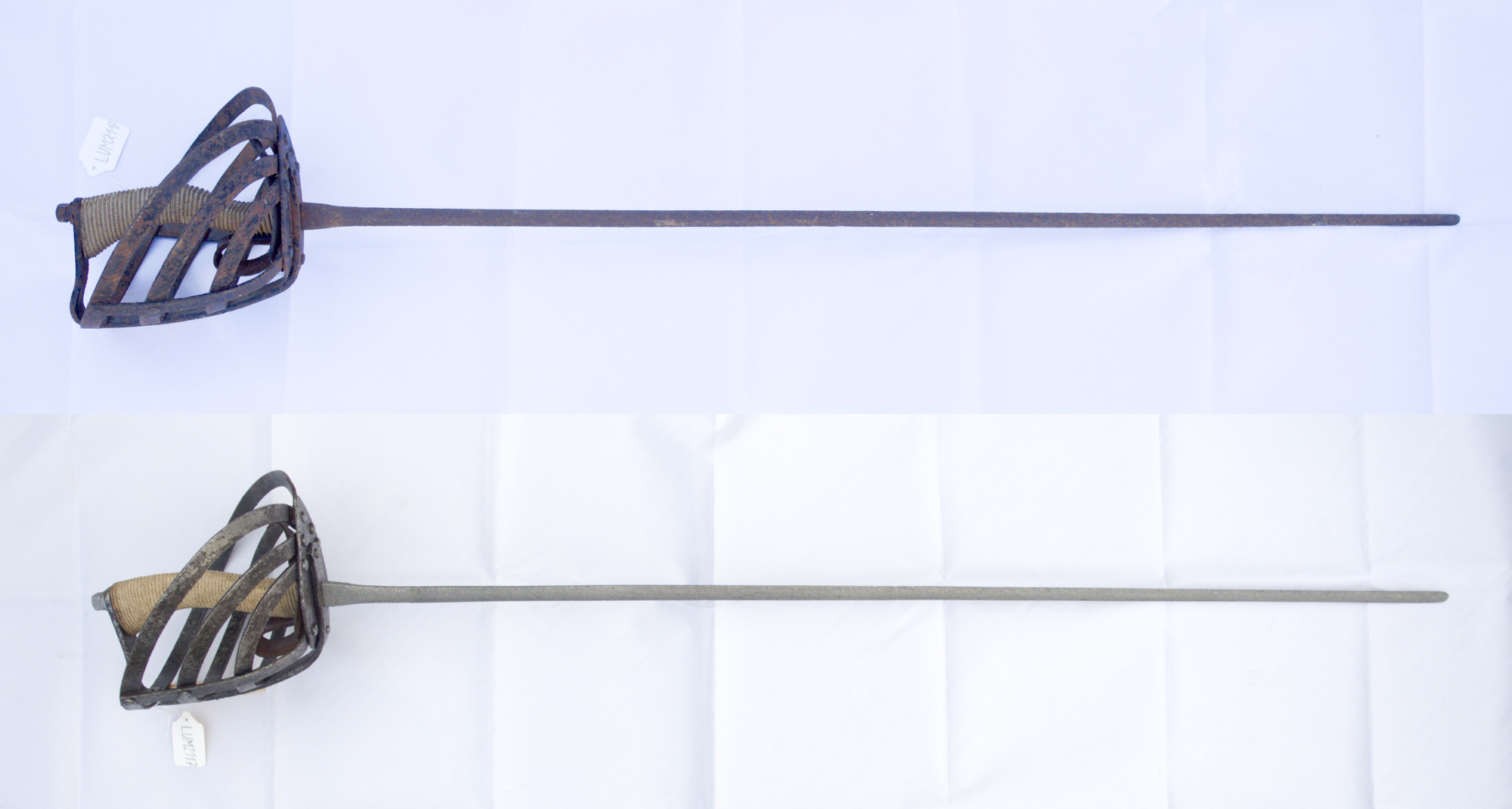 1. att. Rapieris pirms un pēc konservācijas darbu veikšanas. Foto: Gints Ajausks